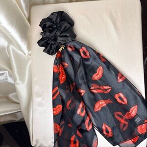 Red Lip and Black Satin Scrunchie Scarf, Leopard Charm